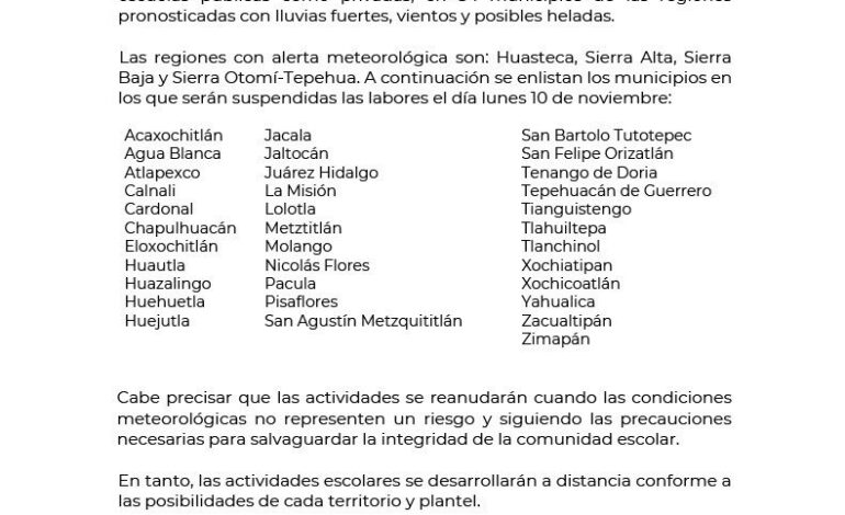 SEPH Suspende Clases este Lunes 10 de Noviembre Debido al Pronóstico del Clima Para Las Próximas 48 Horas