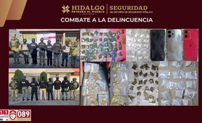 SSPH Ejecuta Dos Cateos Simultáneos en Tulancingo; Asegura a Dos Hombres, Vehículos Robados y Presunto Narcótico